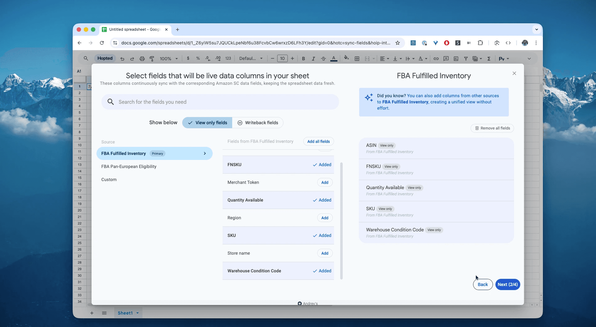 Choose columns for the FBA Fulfilled Inventory report in Hopted