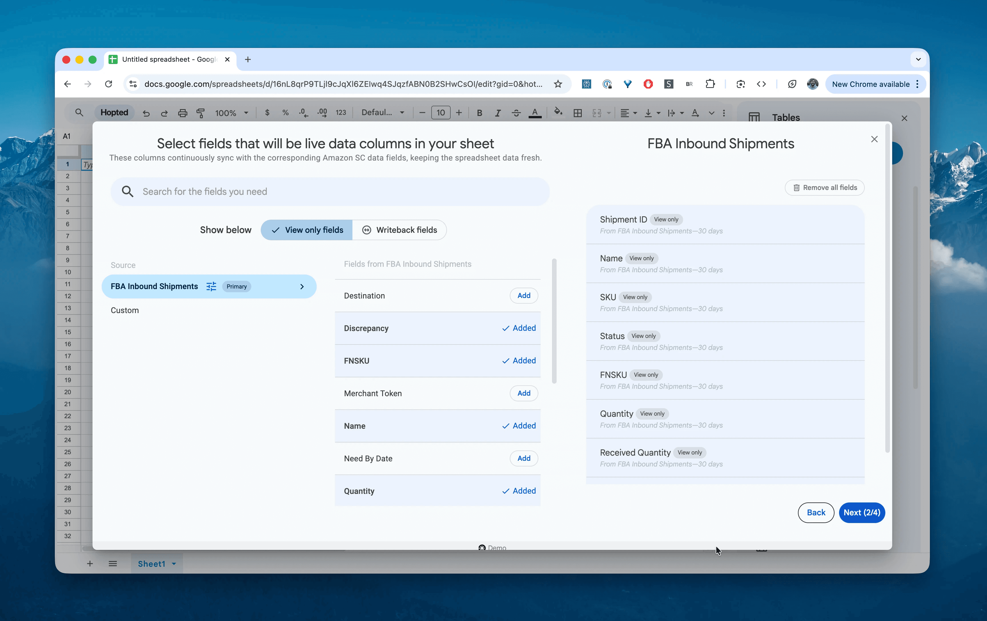 Choose columns for the FBA Inbound Shipments report in Hopted
