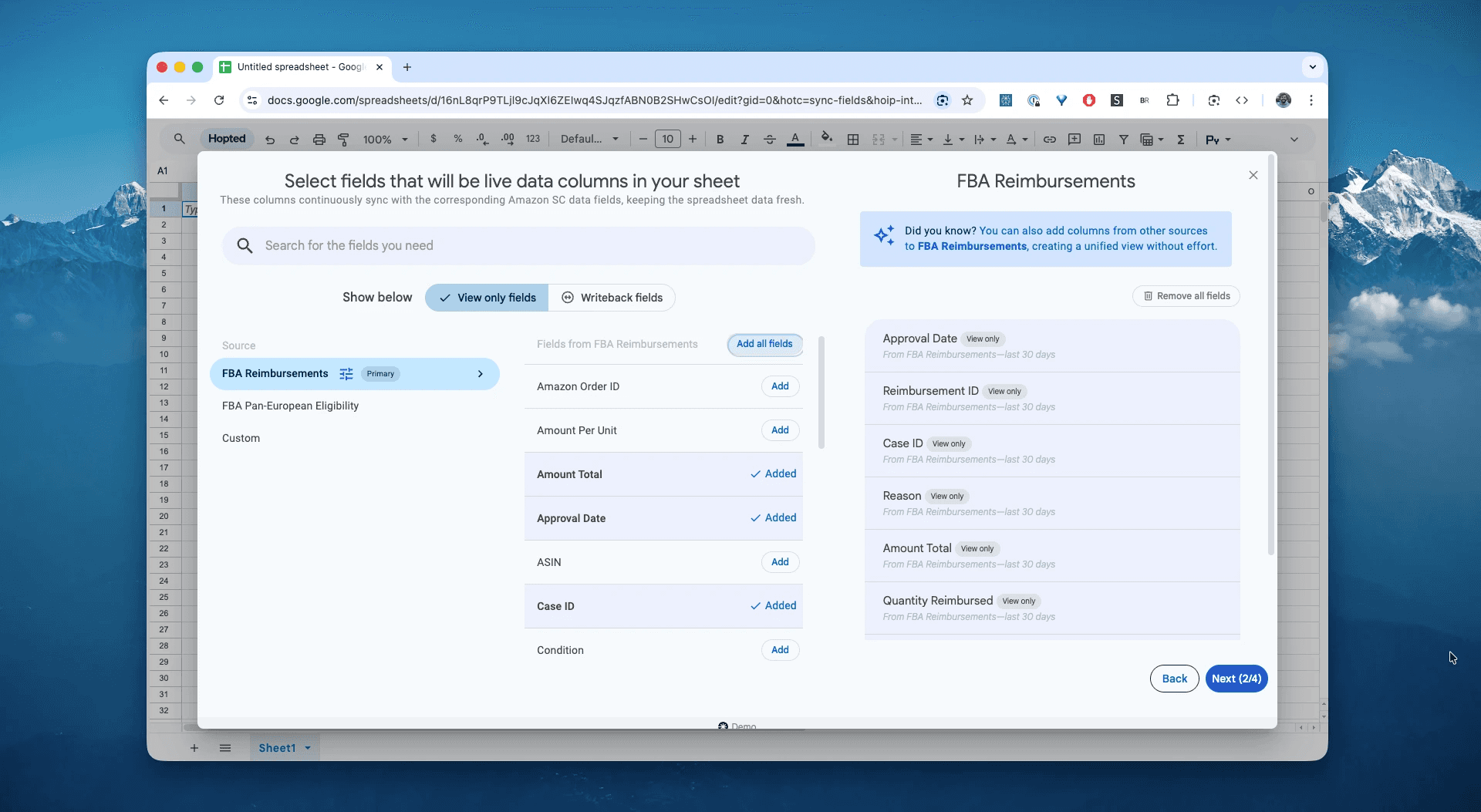 Choose columns for the FBA Reimbursements report in Hopted
