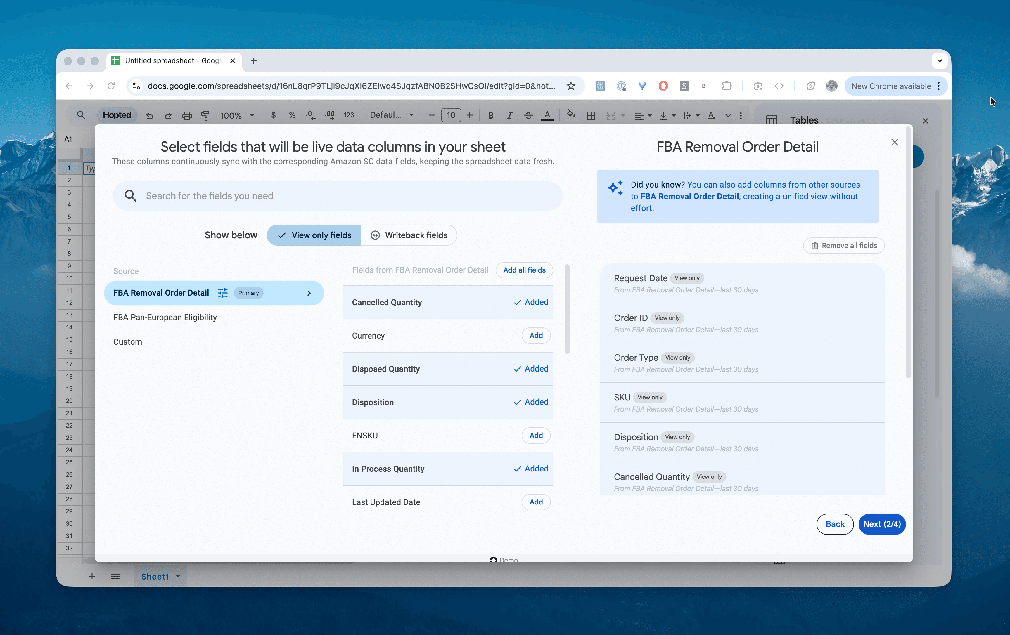 Choose columns for the FBA Removal Order Details report in Hopted