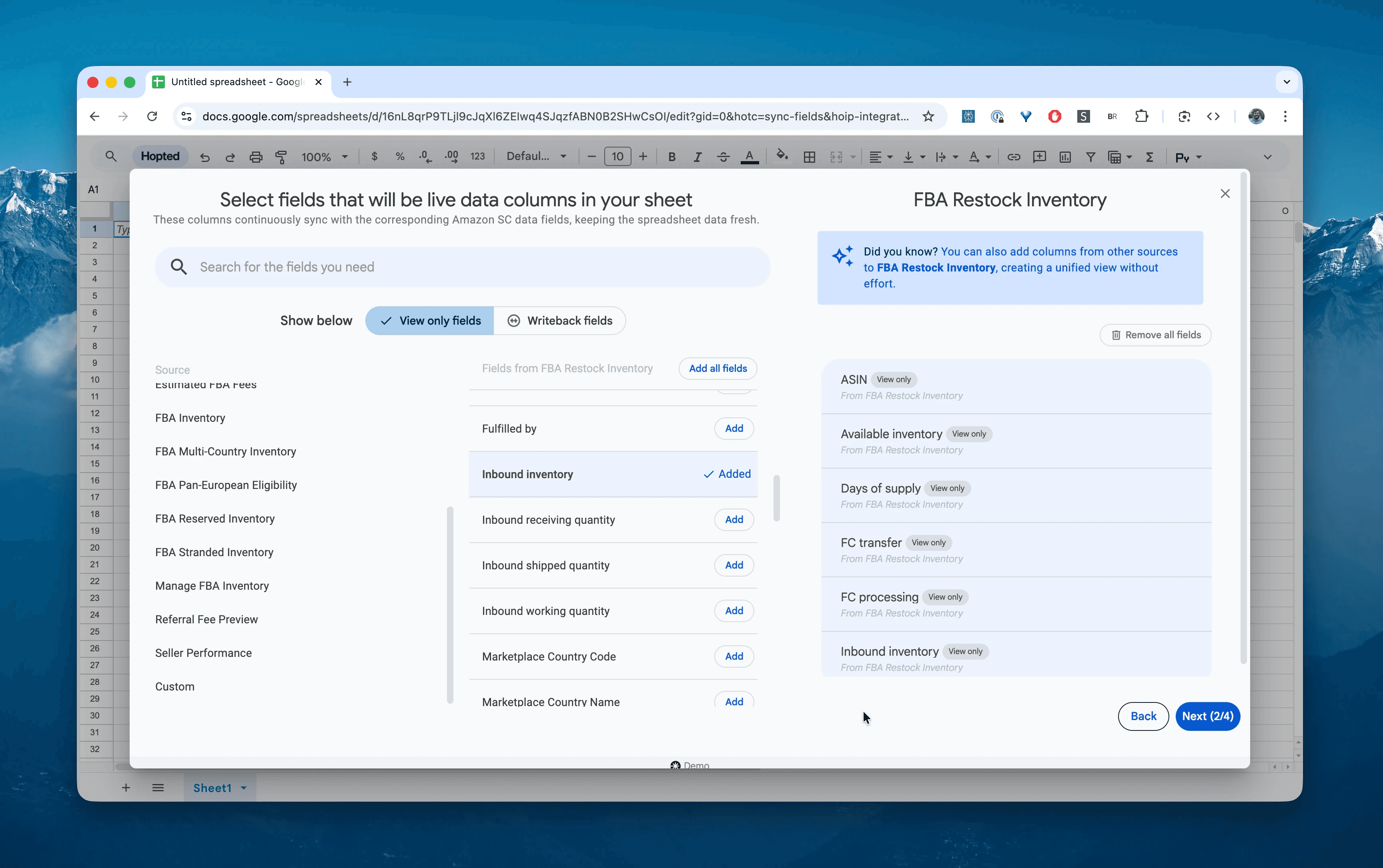 Choose columns for the FBA Restock Inventory report in Hopted