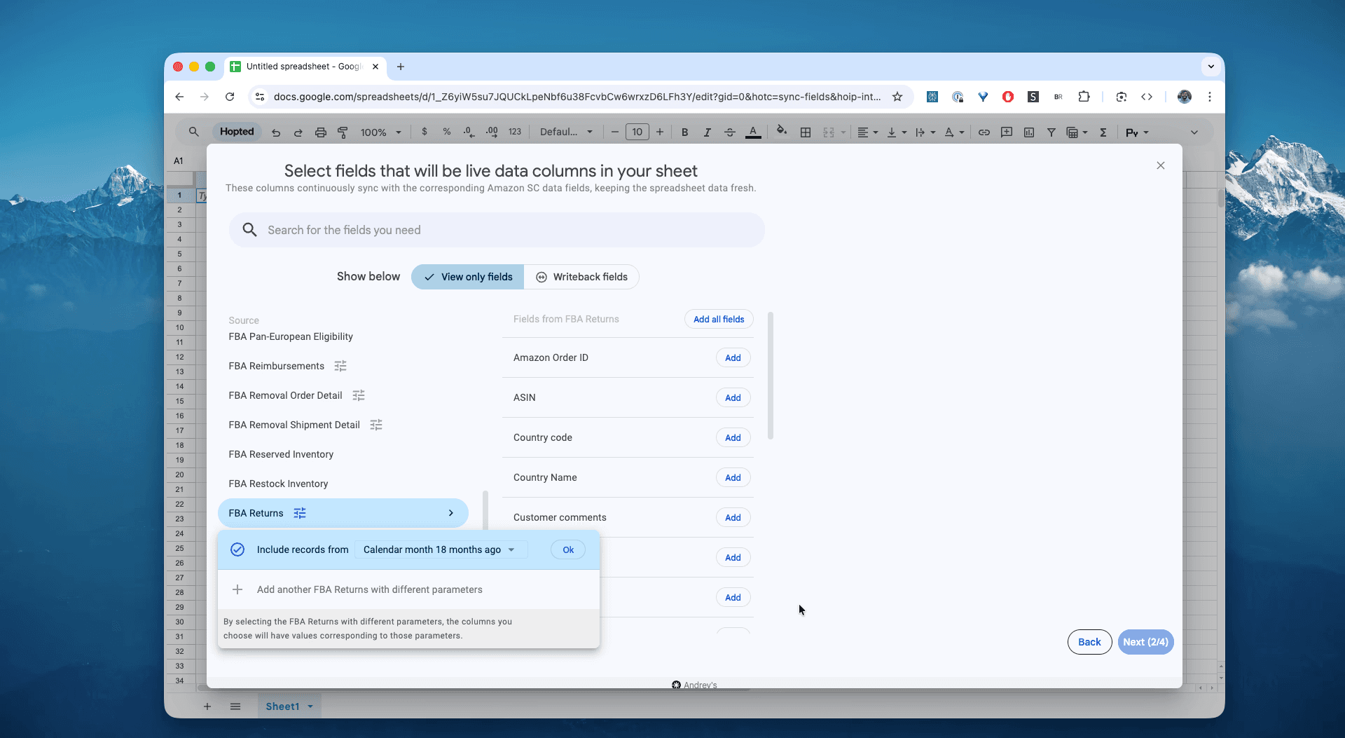 Select the FBA Returns report in Hopted