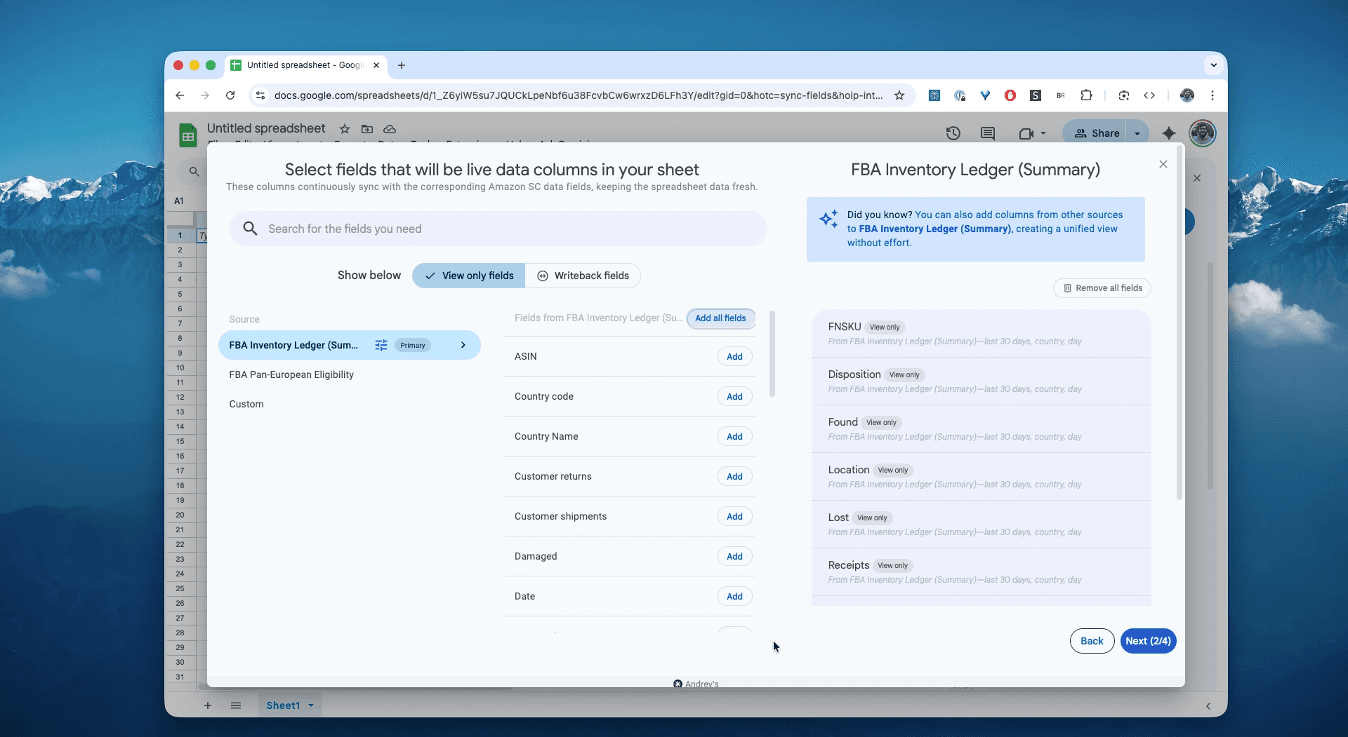 Choose columns for the FBA Inventory Ledger (Summary) report in Hopted