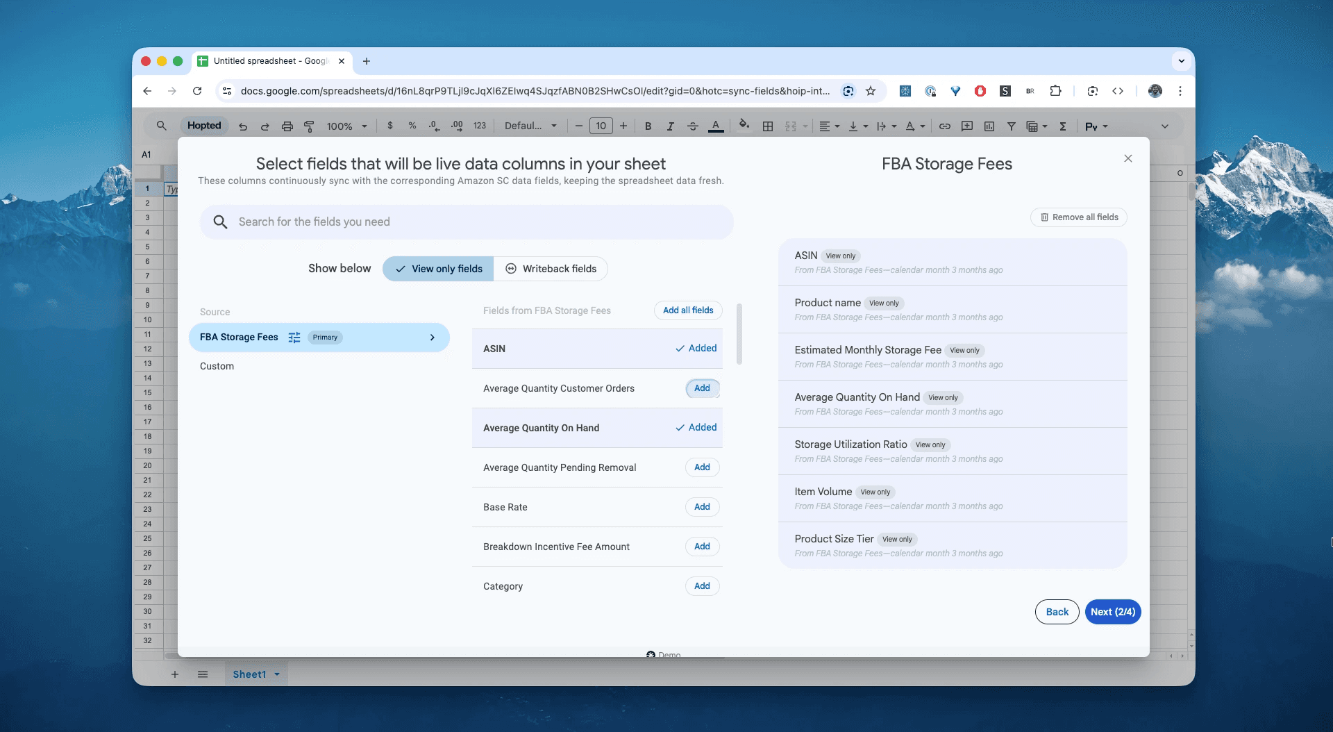Choose columns for the FBA Storage Fees report in Hopted