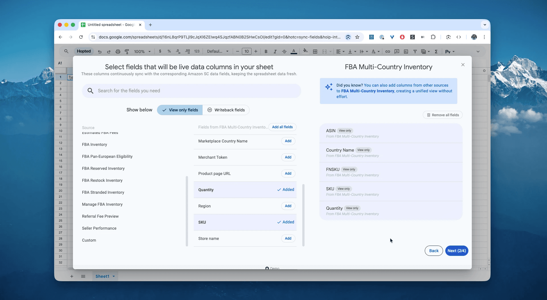 Choose columns for the FBA Multi-Country Inventory report in Hopted