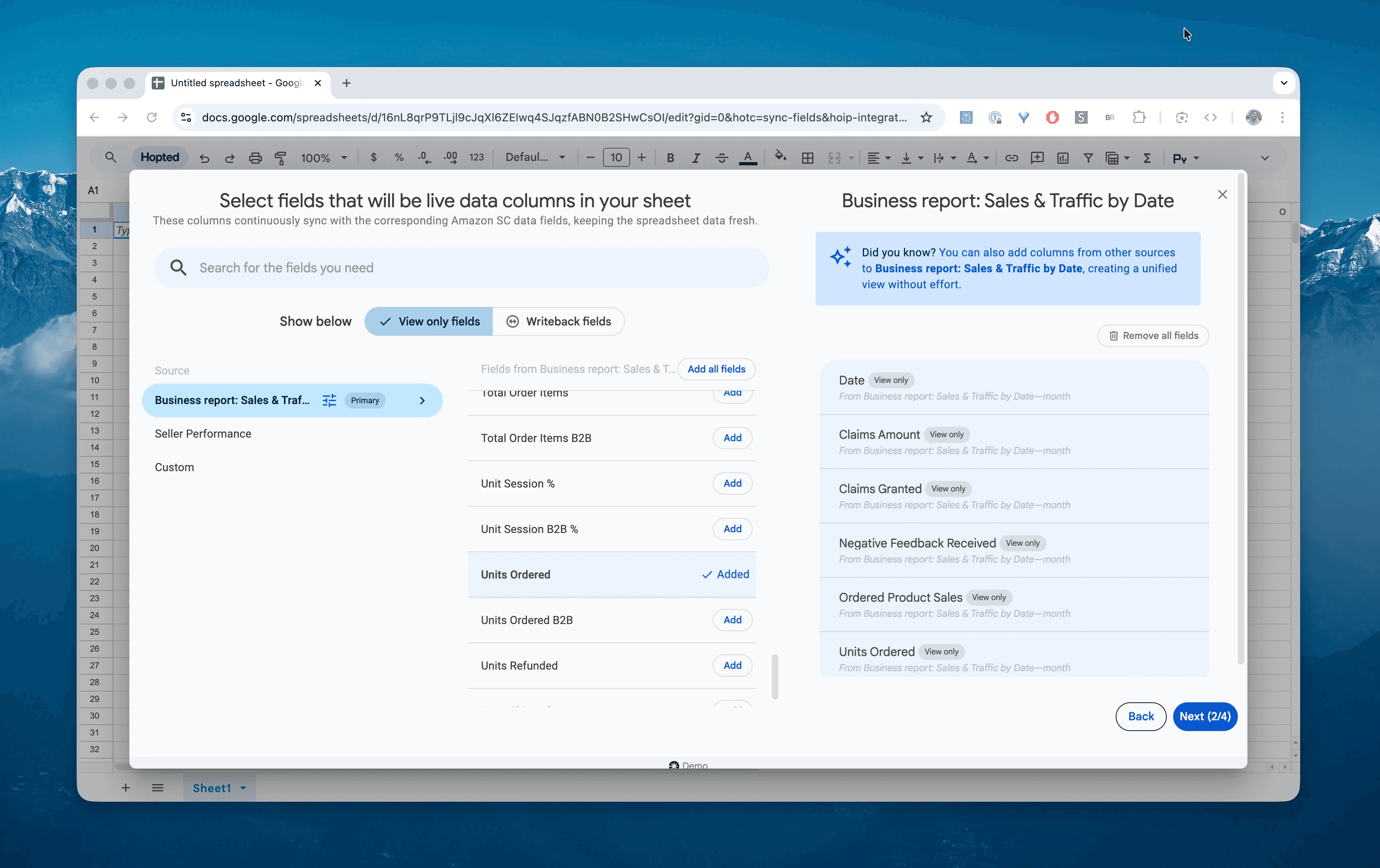 Choose columns for the Sales & Traffic by Date report in Hopted