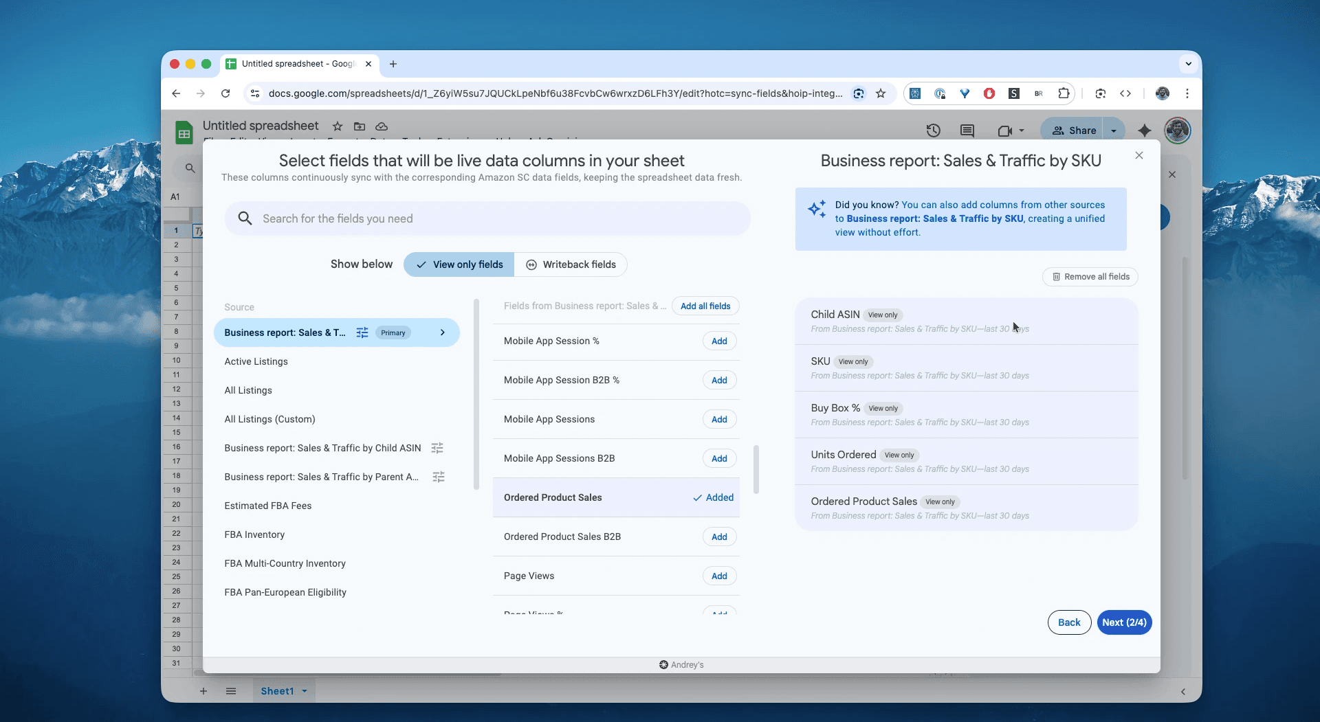 Choose columns for the Sales & Traffic by SKU report in Hopted