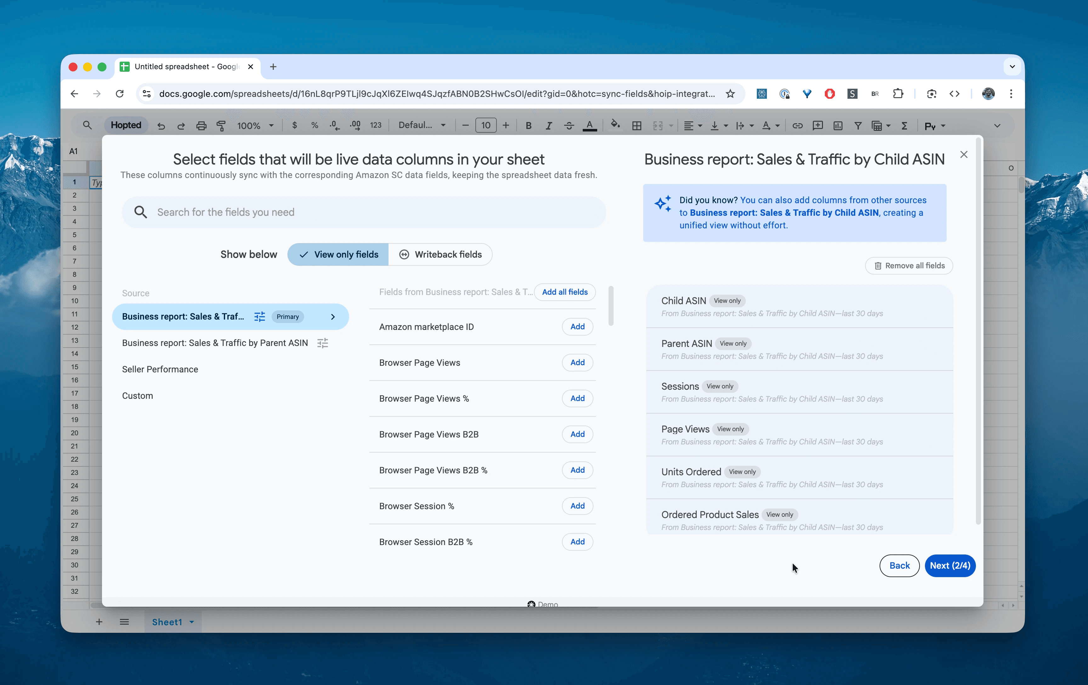 Choose columns for the Sales & Traffic by Child ASIN report in Hopted