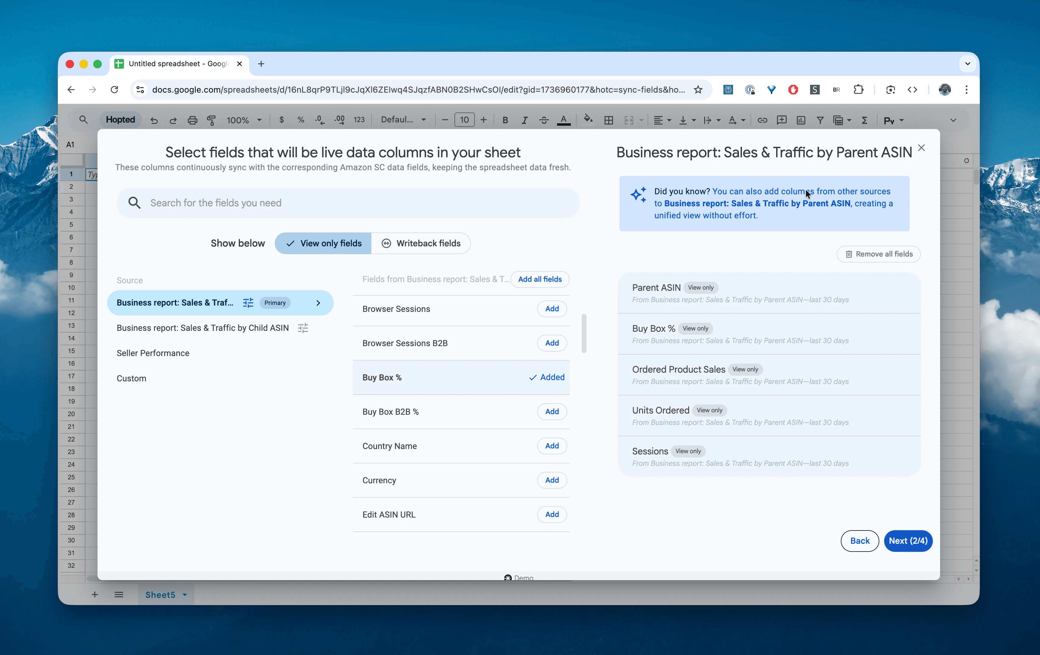 Choose columns for the Sales & Traffic by Parent ASIN report in Hopted