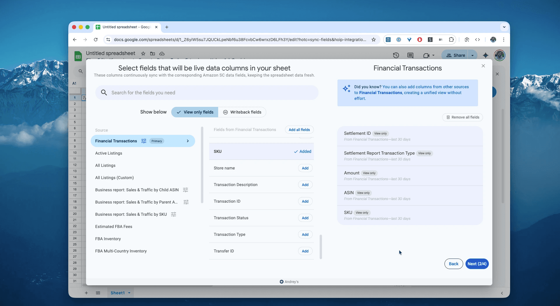 Choose columns for the Financial Transactions report in Hopted