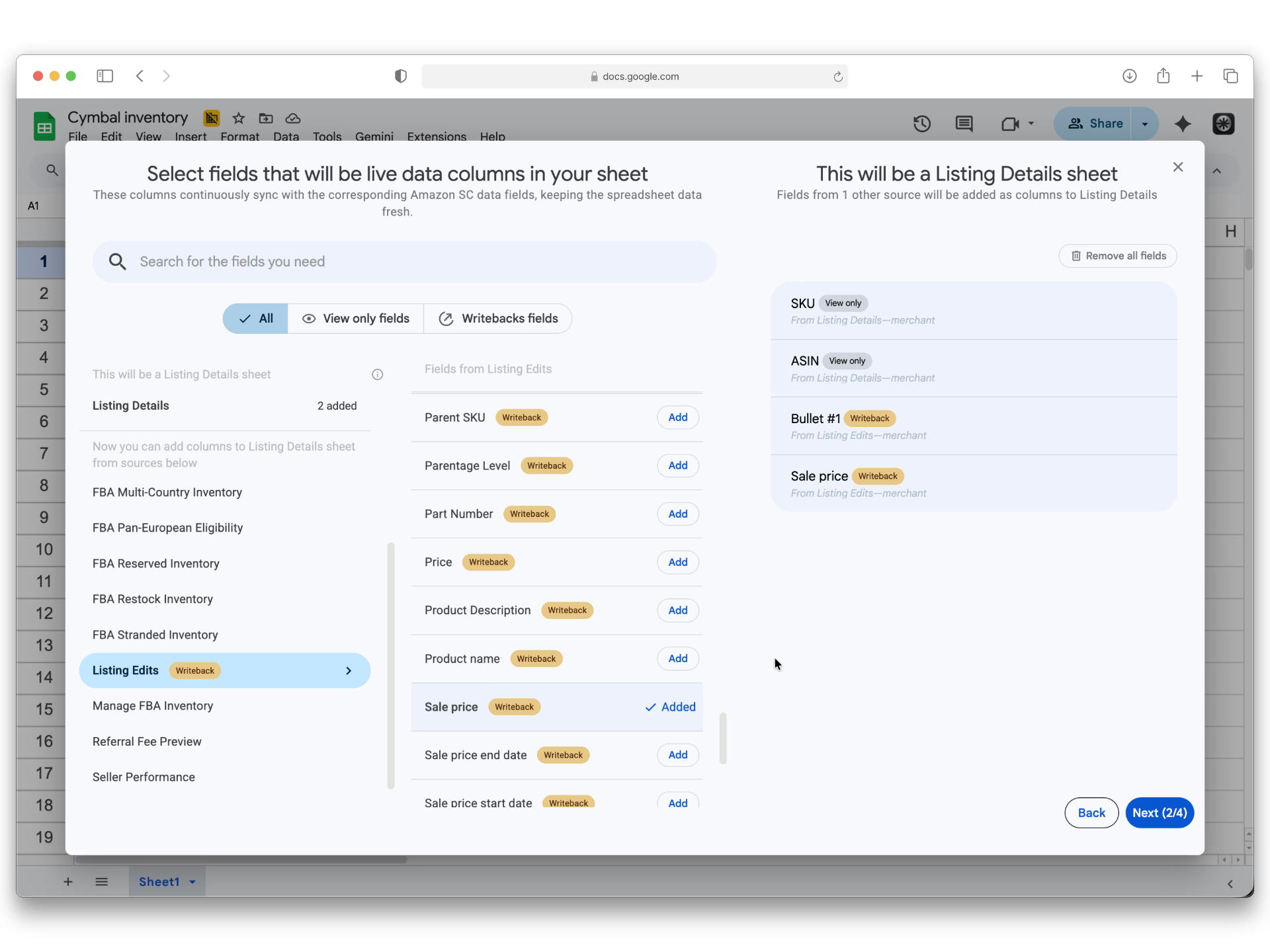 Select Amazon attributes to sync into a spreadsheet